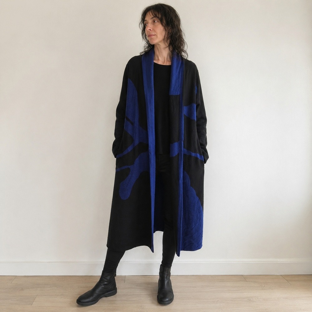 Moyuru Womens Cardigan Medium Black Blue Abstract Graphic Open Front Art To Wear